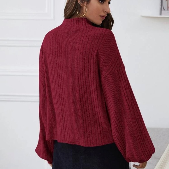 Mockneck ribbed knit lantern sleeve top burgundy red cozy - Picture 2 of 10